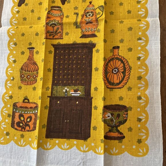 Vintage linen tea towel golden yellow orange brown retro 1970's colonial kitchen - Picture 3 of 4